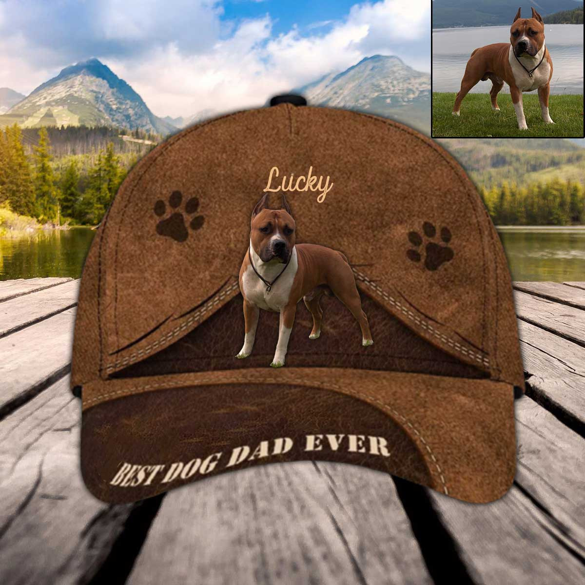 Personalized American Staffordshire Terrier Hat, Custom Photo American Staffordshire Terrier Leather Pattern 3D Cap for Dad Trucker Hats Custom Hats Gifts For Men & Women