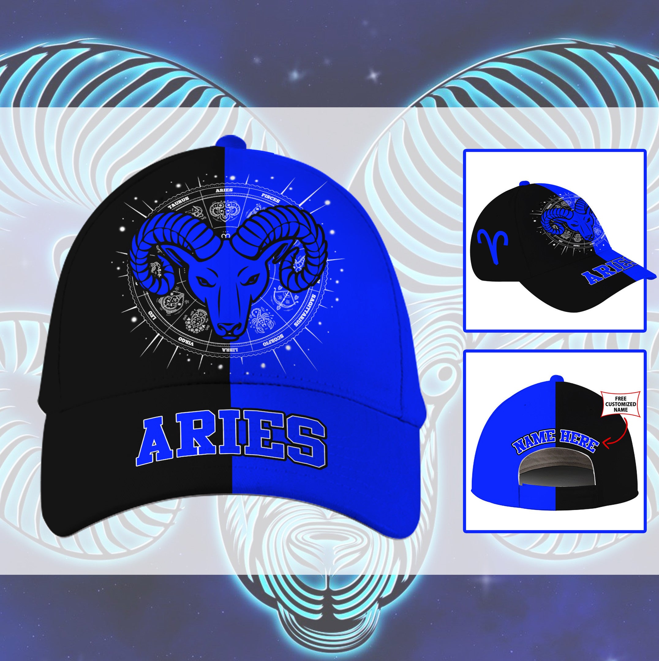 Personalized Aries Blue Zodiac Hat Classic Cap Trucker Hats Custom Hats Gifts For Men & Women