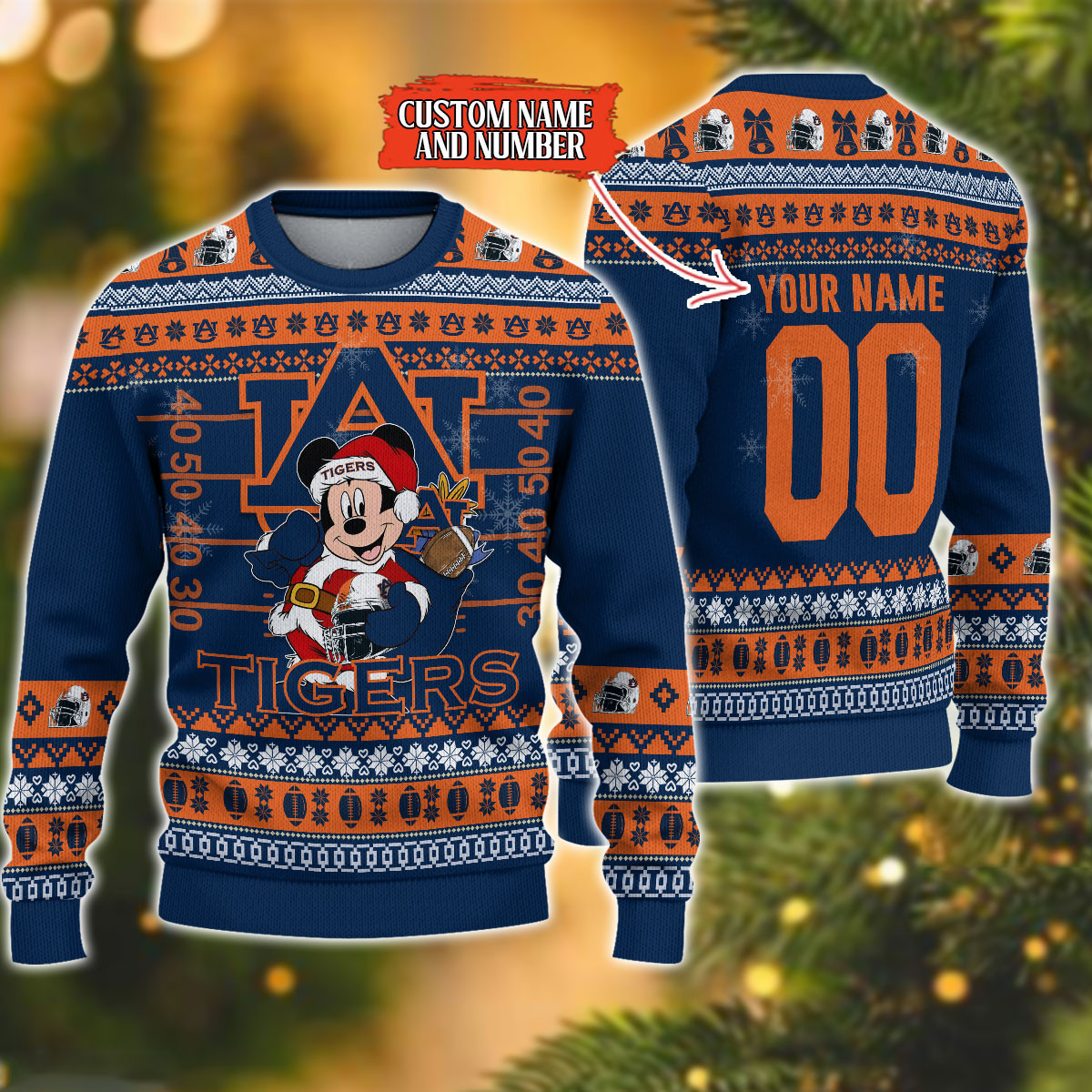 Personalized Auburn Tigers Mickey Ugly Christmas Sweater Adult 3D Funny Matching for family