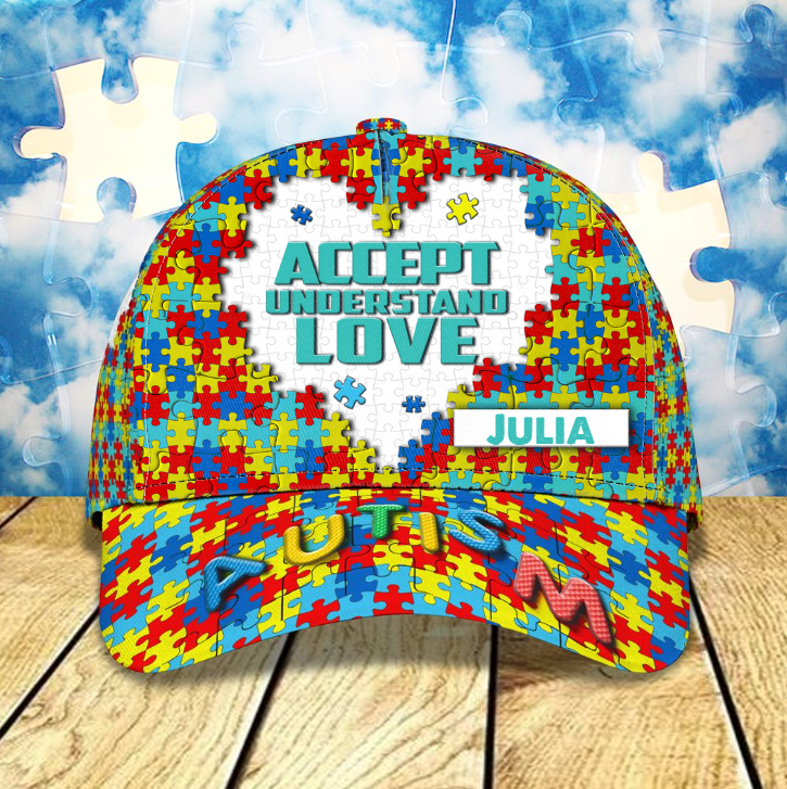 Personalized Autism Awareness 3D Classic Cap for Boy, Girl, Autistic Cap Hat, Custom Name Cap for Autistic People, Son, Daughter Trucker Hats Custom Hats Gifts For Men & Women