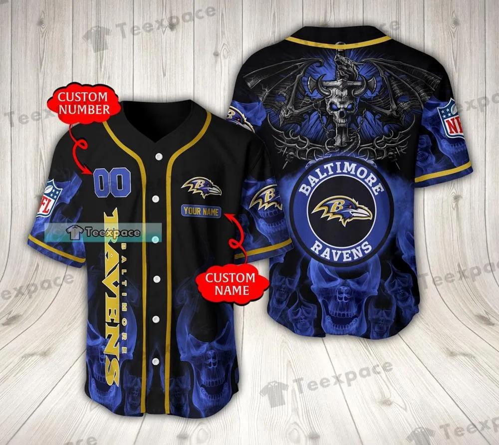 Personalized Baltimore Ravens Blue Fire Skull Hell Dragon Baseball Jersey