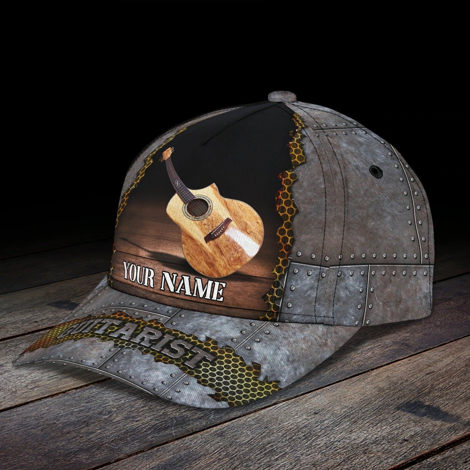 Personalized Baseball Wood Guitar Cap For Musican, Guitarist Cap Hat, Summer Travel Guitar Full Print Cap Trucker Hats Custom Hats Gifts For Men & Women