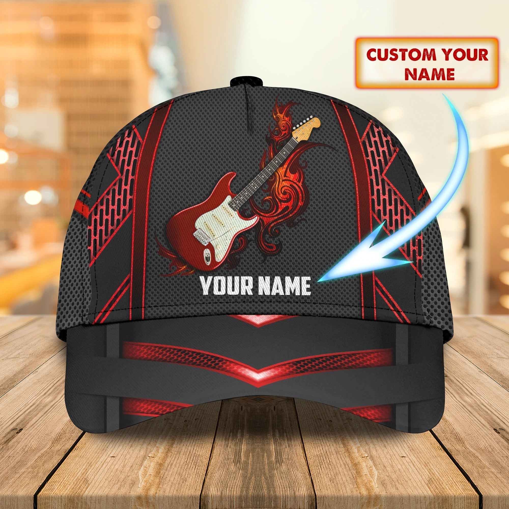 Personalized Baseball Wood Guitar Cap For Musican, Guitarist Cap Hat, Summer Travel Guitar Full Print Cap Trucker Hats Custom Hats Gifts For Men & Women