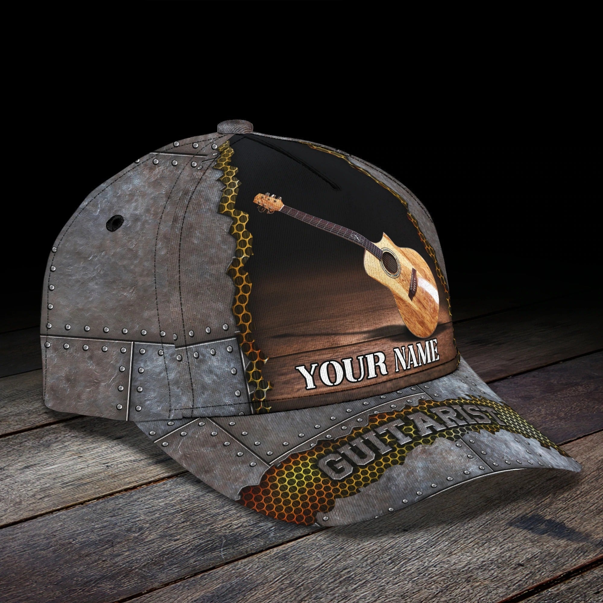 Personalized Baseball Wood Guitar Cap For Musican, Guitarist Cap Hat, Summer Travel Guitar Full Print Cap Trucker Hats Custom Hats Gifts For Men & Women