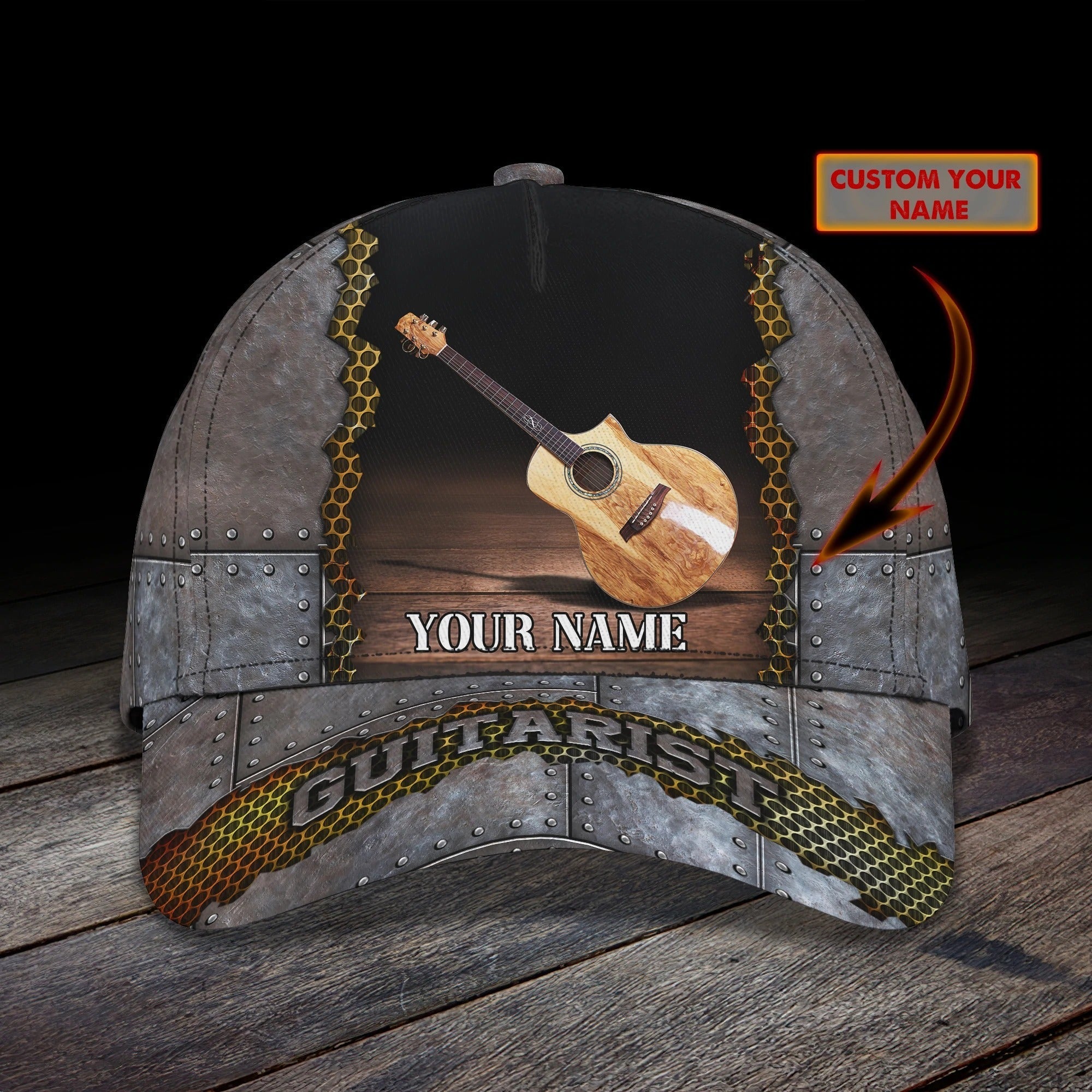 Personalized Baseball Wood Guitar Cap For Musican, Guitarist Cap Hat, Summer Travel Guitar Full Print Cap Trucker Hats Custom Hats Gifts For Men & Women