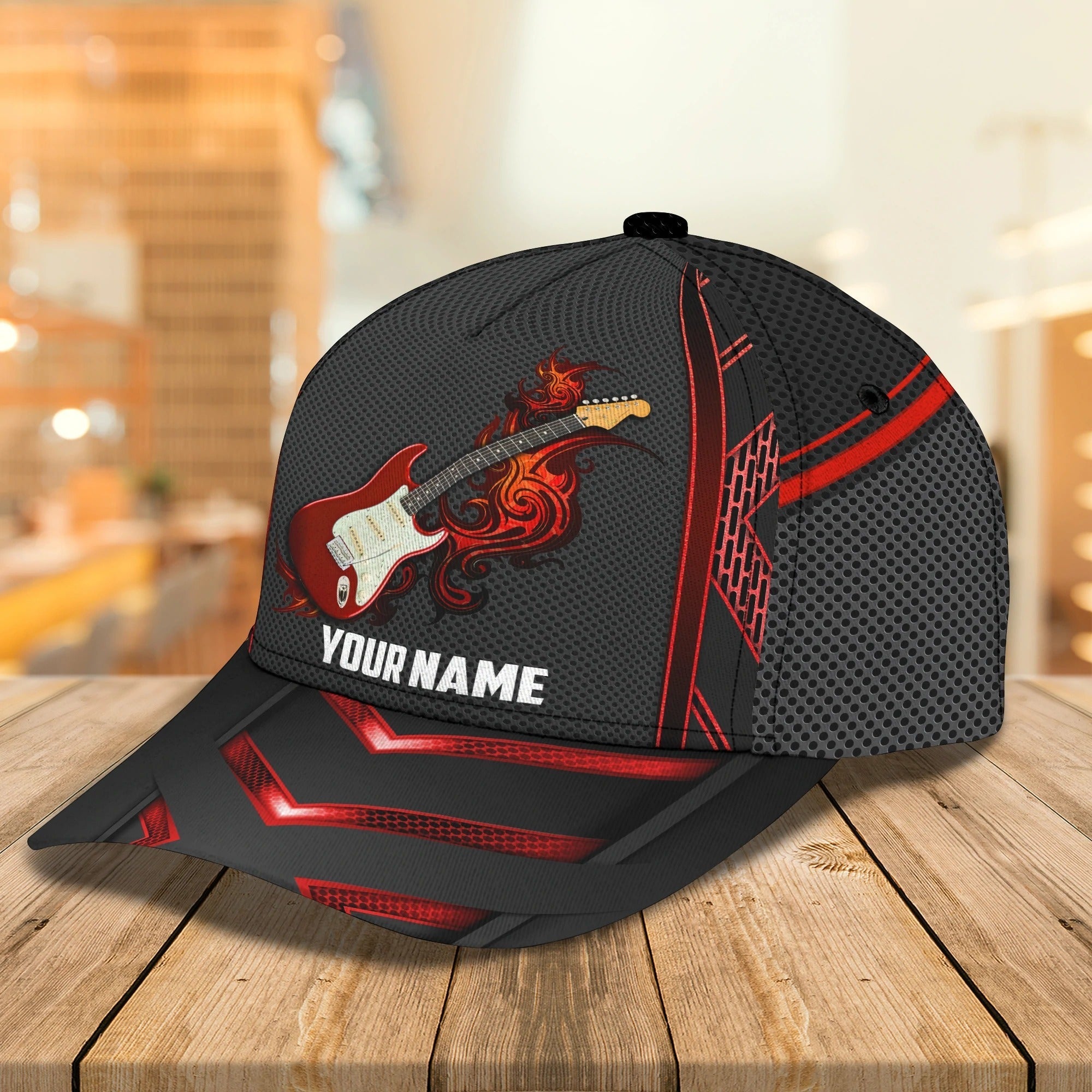 Personalized Baseball Wood Guitar Cap For Musican, Guitarist Cap Hat, Summer Travel Guitar Full Print Cap Trucker Hats Custom Hats Gifts For Men & Women