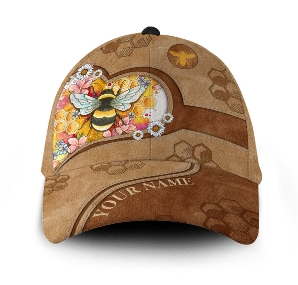 Personalized Bee Heart Leather Hat Classic Cap Trucker Hats Custom Hats Gifts For Men & Women