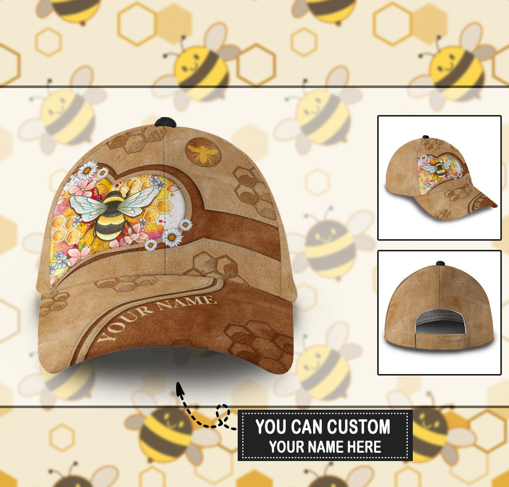 Personalized Bee Heart Leather Hat Classic Cap Trucker Hats Custom Hats Gifts For Men & Women