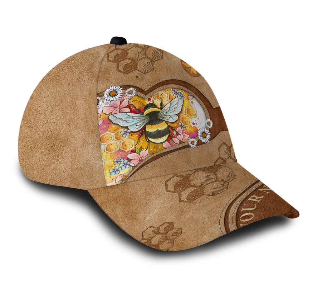 Personalized Bee Heart Leather Hat Classic Cap Trucker Hats Custom Hats Gifts For Men & Women