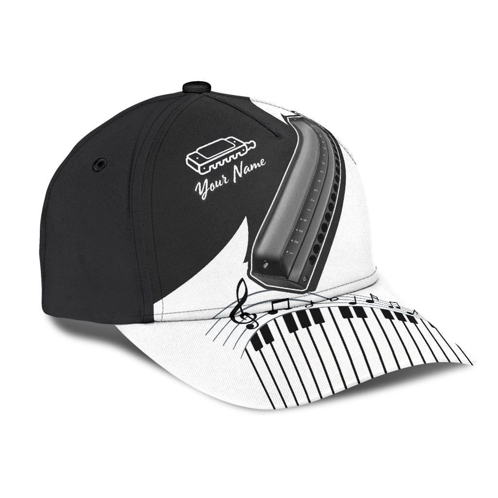 Personalized Black and White Harmonica Music Instrument Classic Cap for Men, Women, Harmonica Players Trucker Hats Custom Hats Gifts For Men & Women