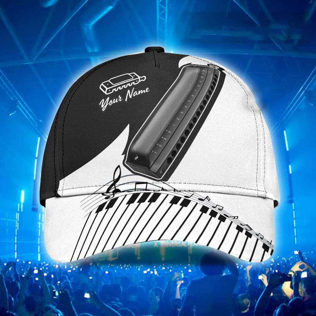 Personalized Black and White Harmonica Music Instrument Classic Cap for Men, Women, Harmonica Players Trucker Hats Custom Hats Gifts For Men & Women
