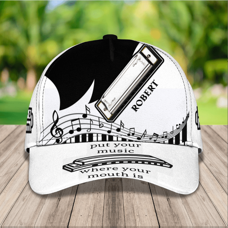 Personalized Black and White Harmonica Music Instrument Classic Cap for Men, Women, Harmonica Players Trucker Hats Custom Hats Gifts For Men & Women