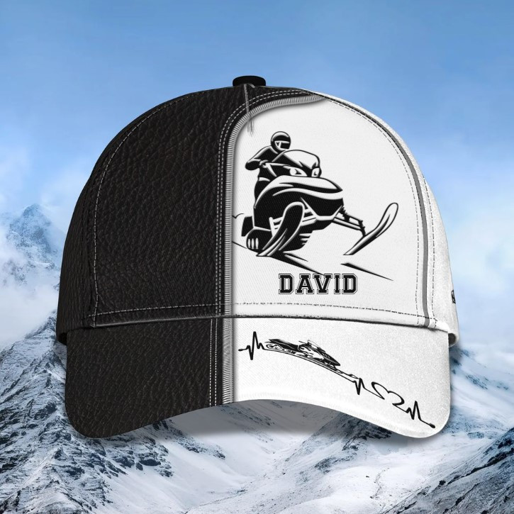 Personalized Black and White Snowmobile Hat Classic Cap for Men, Snowmobile Lovers, Friend Gifts Trucker Hats Custom Hats Gifts For Men & Women