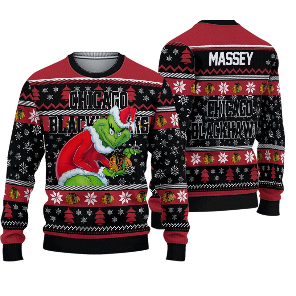 Personalized Blackhawks Grin Ice Hockey Christmas Ugly Sweater