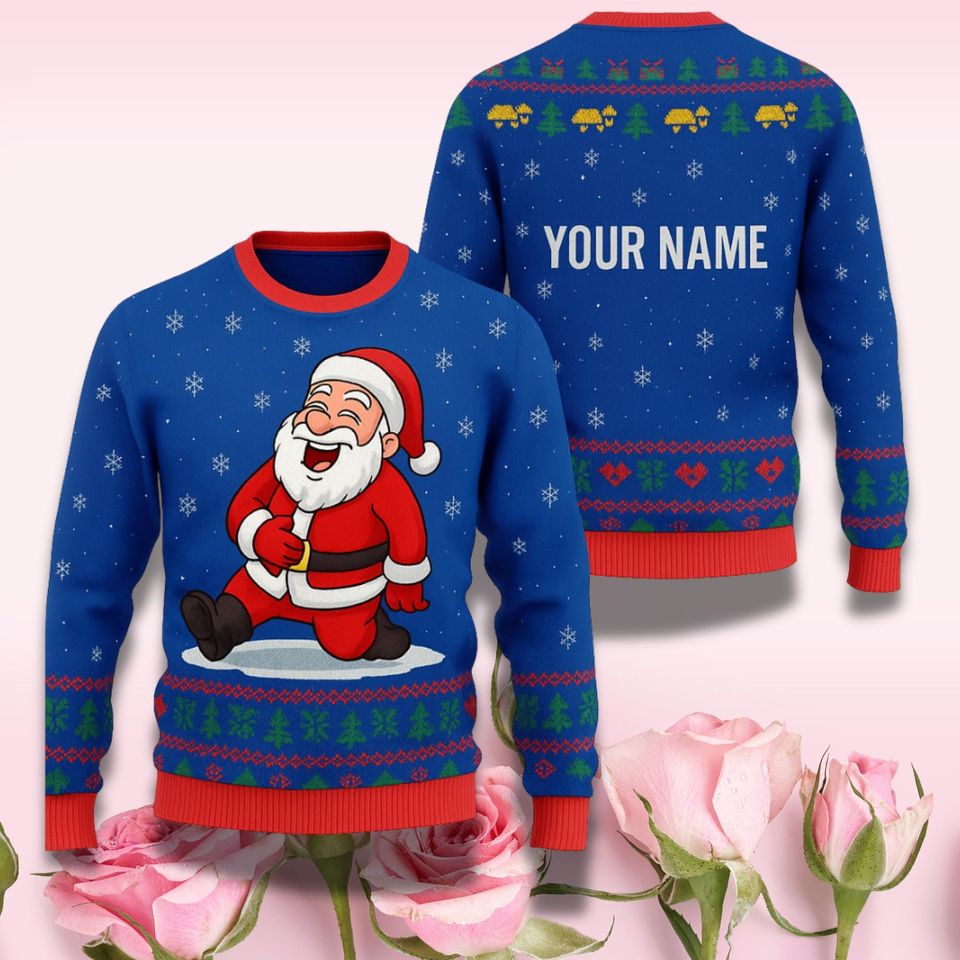Personalized Blue Santa Ugly Christmas Sweater with Custom Name, Laughing Santa Holiday Jumper