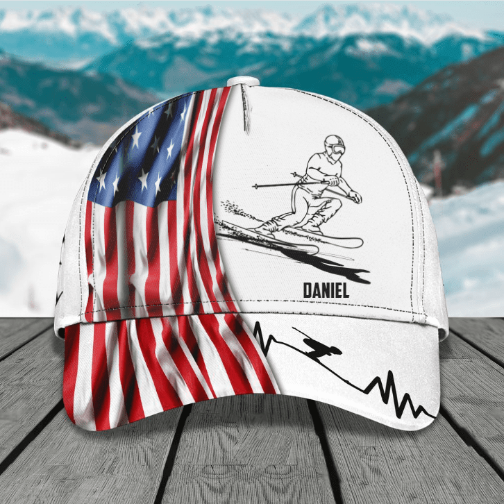 Personalized Blue Skiing in the Forest Classic Cap for Men, Skiing Team Gift for Friends Trucker Hats Custom Hats Gifts For Men & Women