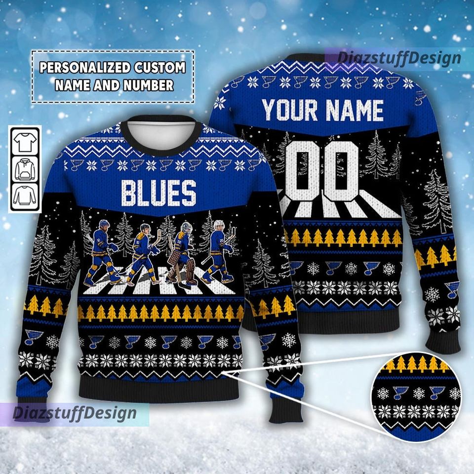 Personalized Blues Walking Abbey Road Ice Hockey Christmas Ugly Sweater