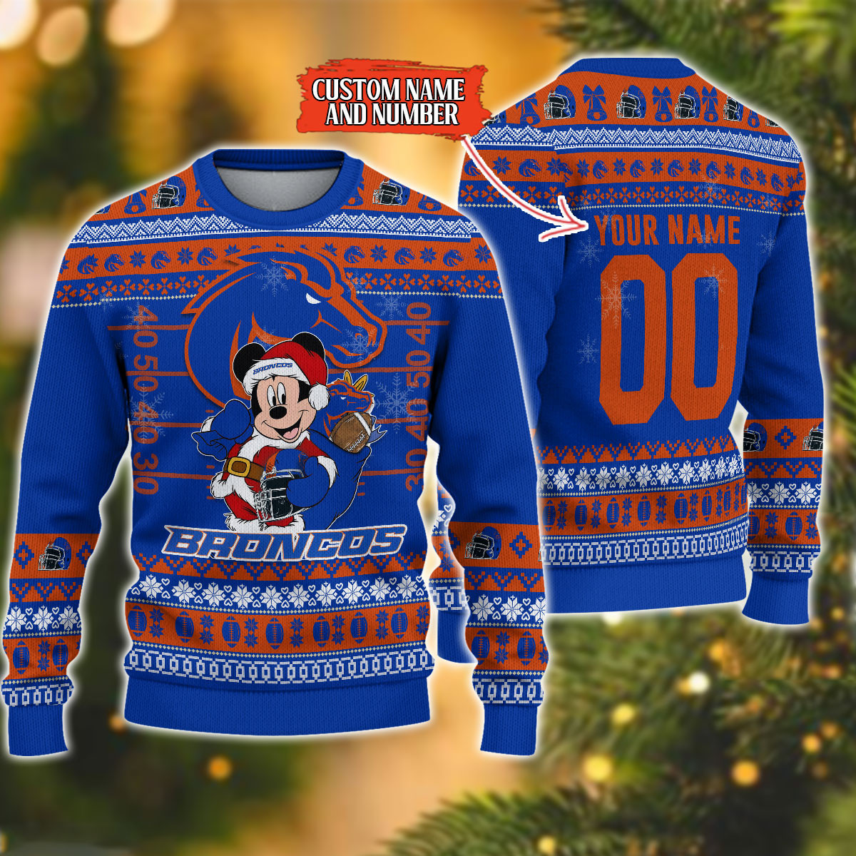 Personalized Boise State Broncos Mickey Ugly Christmas Sweater Adult 3D Funny Matching for family