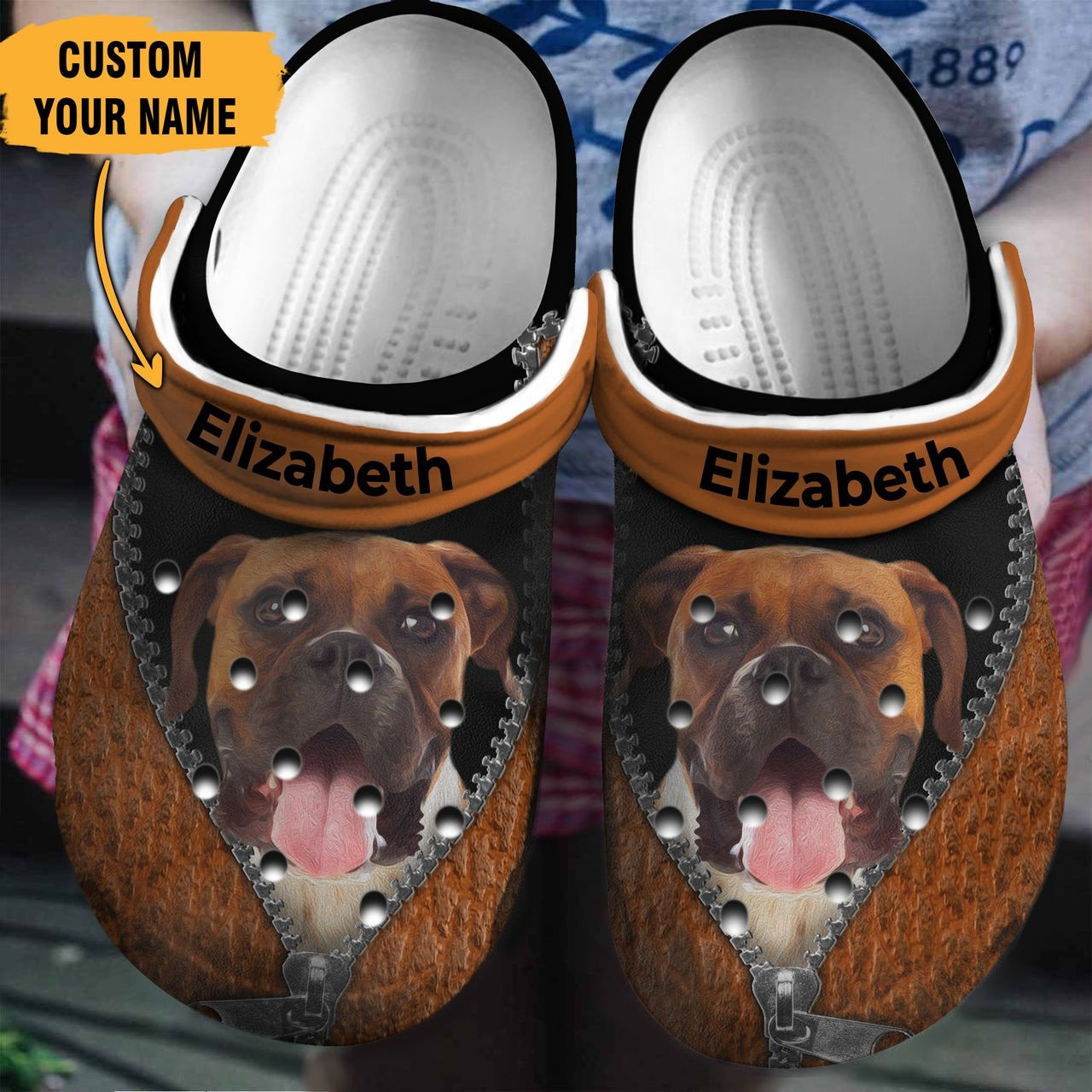 Personalized Boxer Brown Zipper clog Shoes