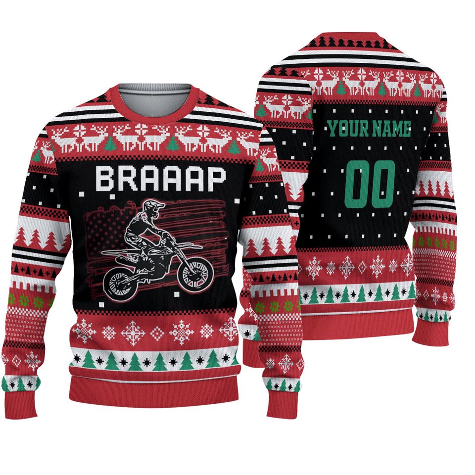 Personalized Braaap Moto Christmas Ugly Sweater, Game Sweatshirt