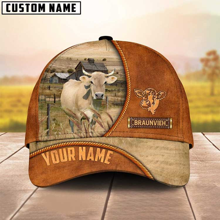 Personalized Braunvieh Cattle Hat for Farmer, Custom Name 3D Farmhouse Classic Cap Trucker Hats Custom Hats Gifts For Men & Women