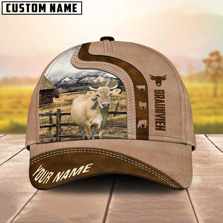 Personalized Braunvieh Cattle Hat for Farmer, Custom Name 3D Farmhouse Classic Cap Trucker Hats Custom Hats Gifts For Men & Women