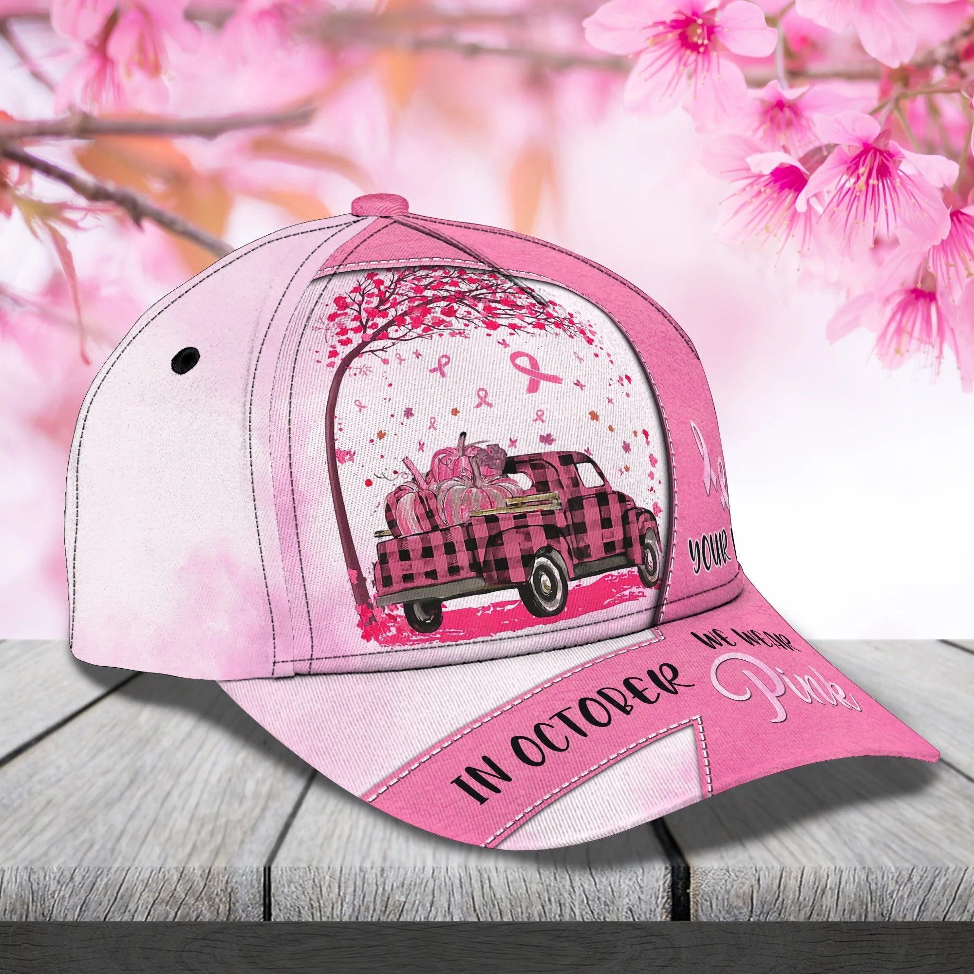 Personalized Breast Cancer Cap Hat For Women, In October We Wear Pink Cap Hat Trucker Hats Custom Hats Gifts For Men & Women