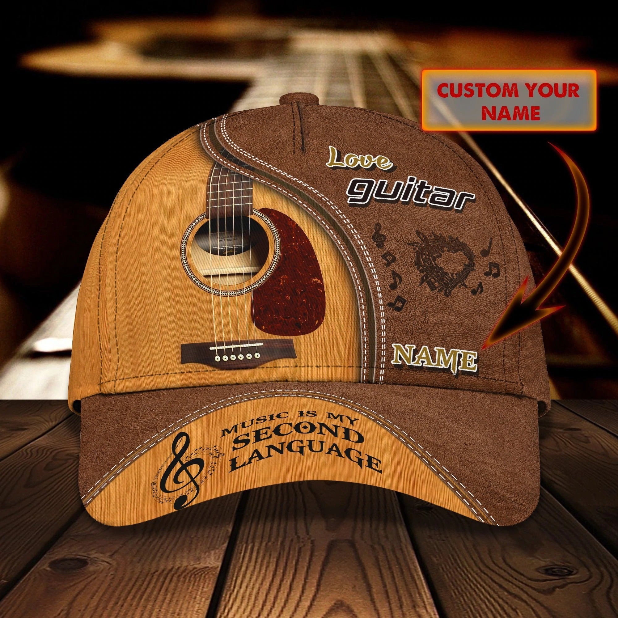 Personalized Brown Guitar Baseball Cap Hat For Musican And Guitarist, Classic Cap With Guitar Leather Pattern Trucker Hats Custom Hats Gifts For Men & Women
