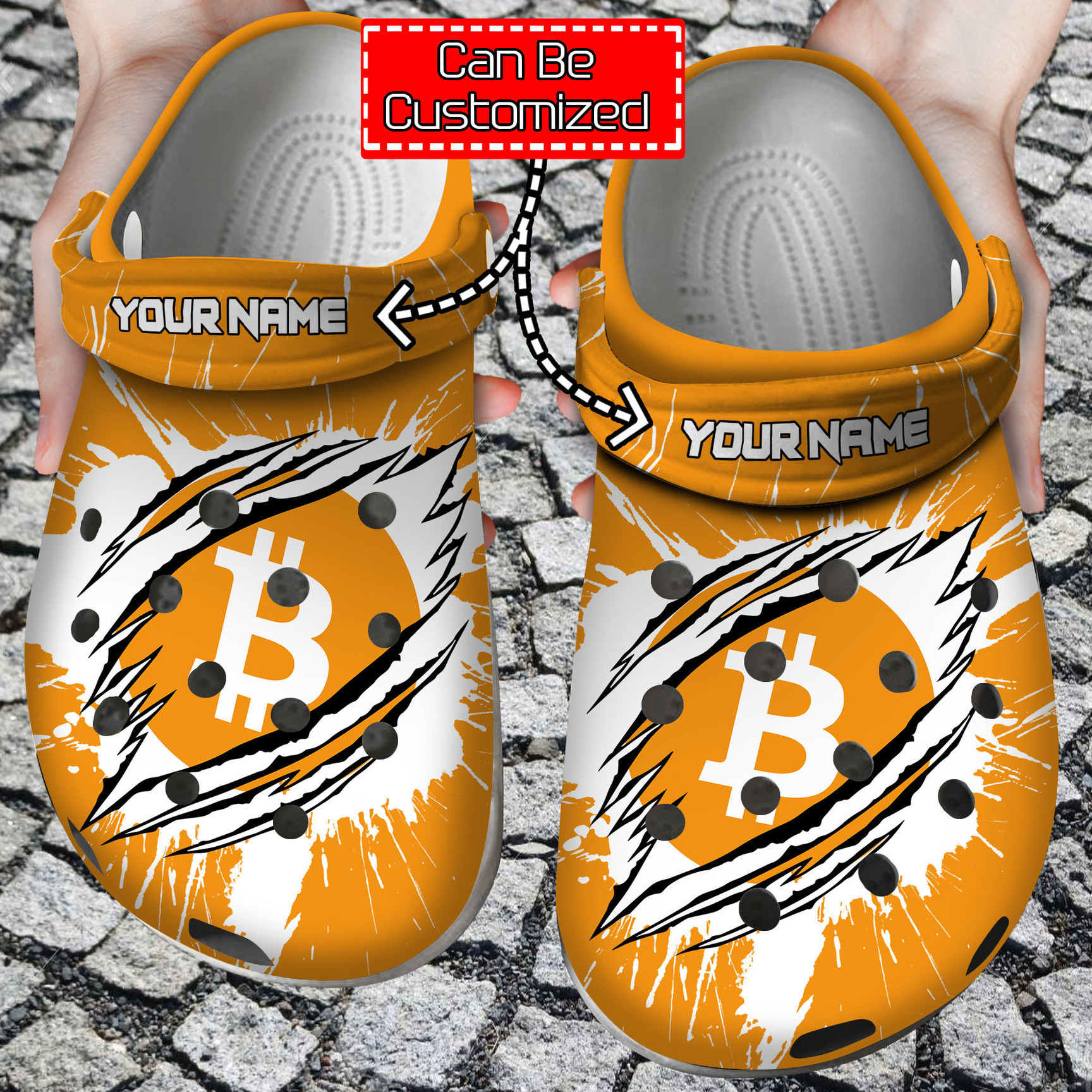 Personalized BTC Coin Ripped Through clog Shoes Crypto
