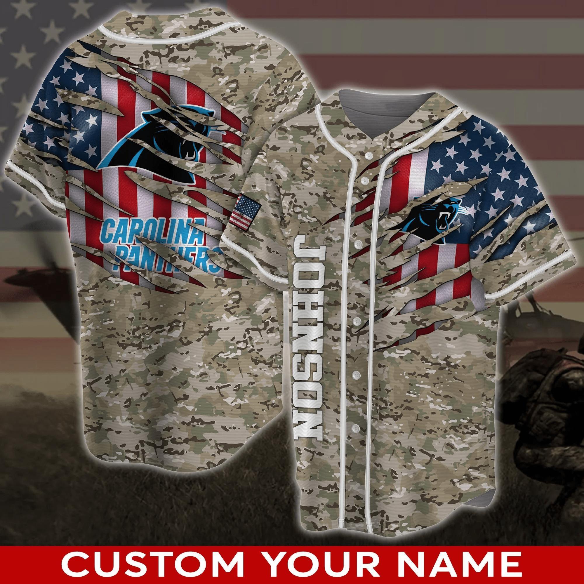Personalized Carolina Panthers NLF Camo Flag American Baseball Jersey Shirt