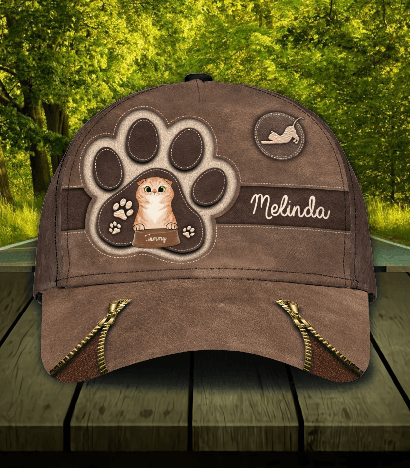 Personalized Cat Brown Footprint  Classic Cap, Personalized Gift for Cat Lovers, Cat Mom, Cat Dad Trucker Hats Custom Hats Gifts For Men & Women