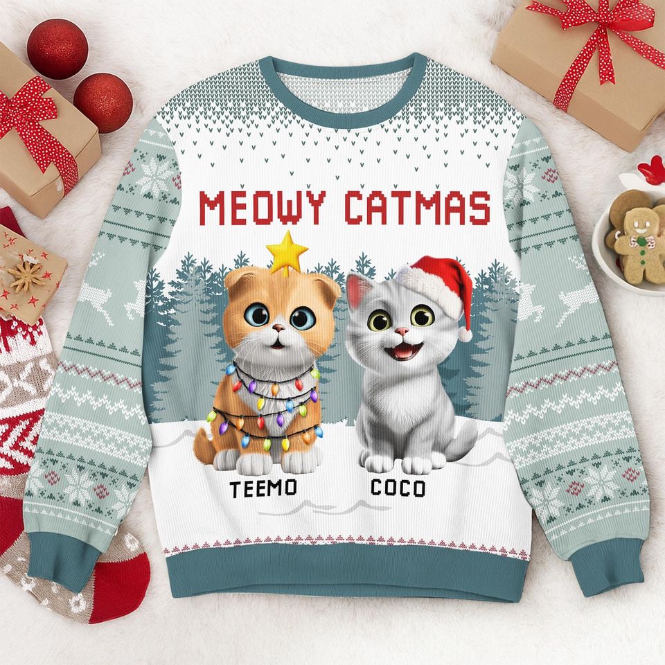 Personalized Cat Christmas Sweater | Meowy Catmas Ugly Sweater | Custom Pet Name Sweatshirt | Funny Holiday Gift for Cat Lovers