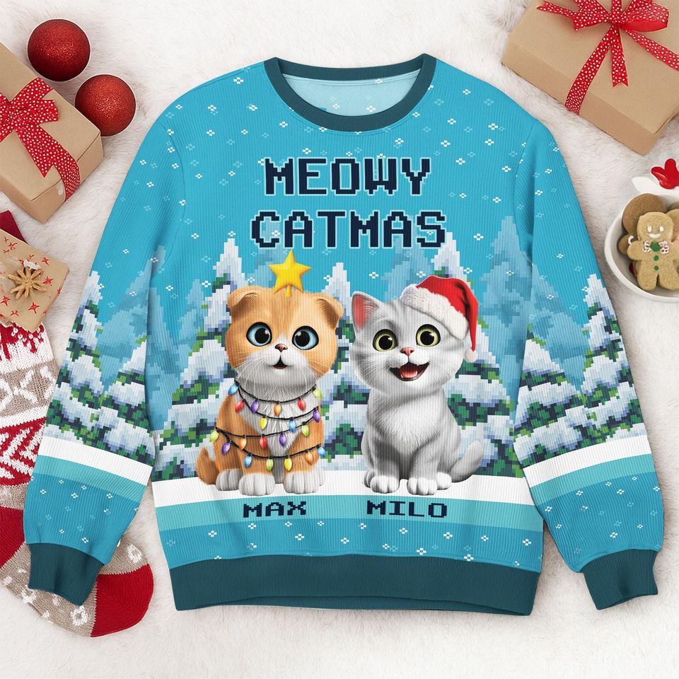 Personalized Cat Christmas Sweater | Meowy Catmas Ugly Sweater | Custom Pet Name Sweatshirt | Funny Holiday Gift for Cat Lovers