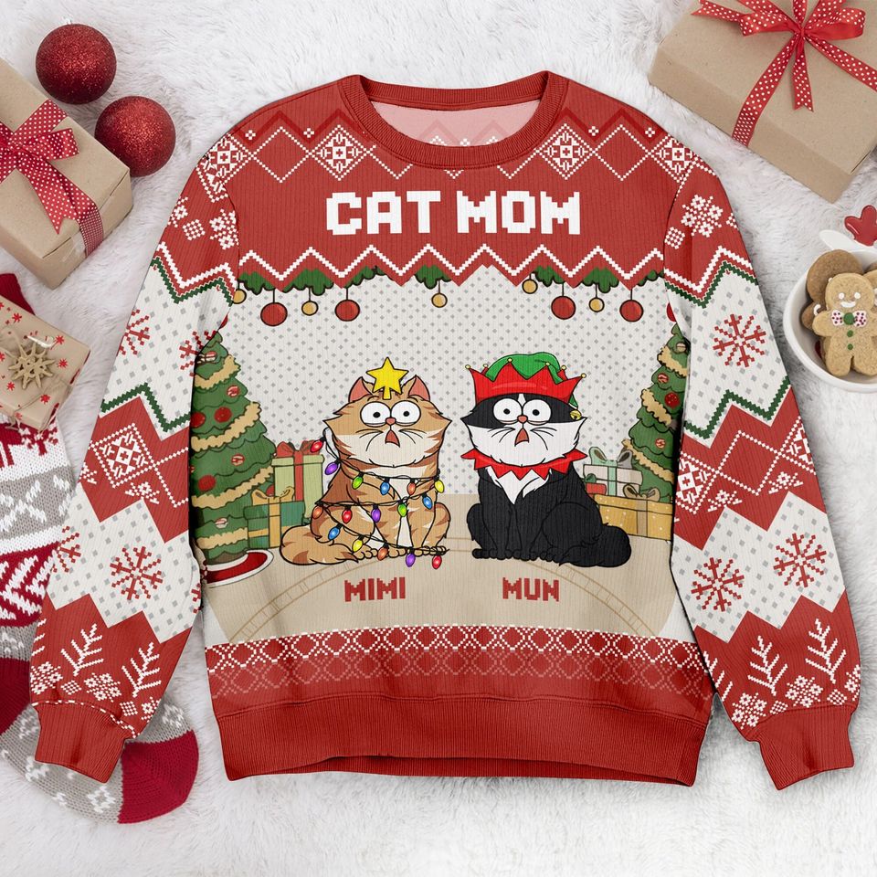 Personalized Cat Meowy Catmas Ugly Christmas Sweater, Custom Cat Ugly