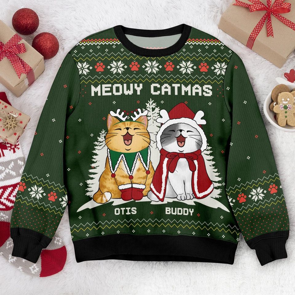 Personalized Cat Meowy Catmas Ugly Christmas Sweater, Custom Cat Ugly Sweater