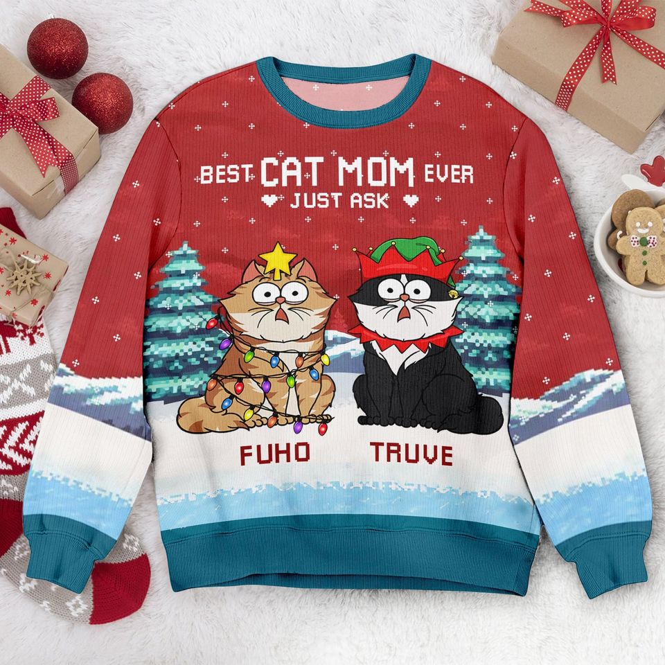Personalized Cat Meowy Catmas Ugly Christmas Sweater, Custom Cat Ugly Sweater