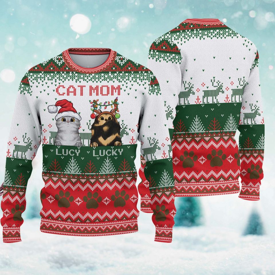 Personalized Cat Mom Cat Dad Ugly Christmas Sweater