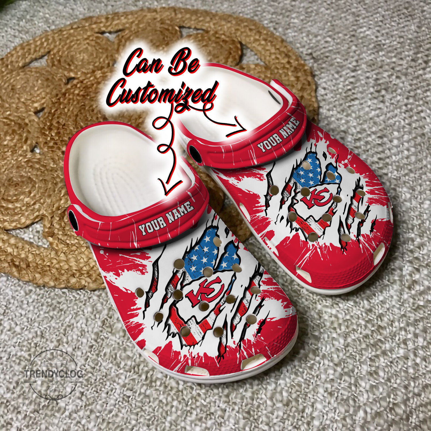 Personalized Chiefs Football Ripped American Flag Clog Shoes