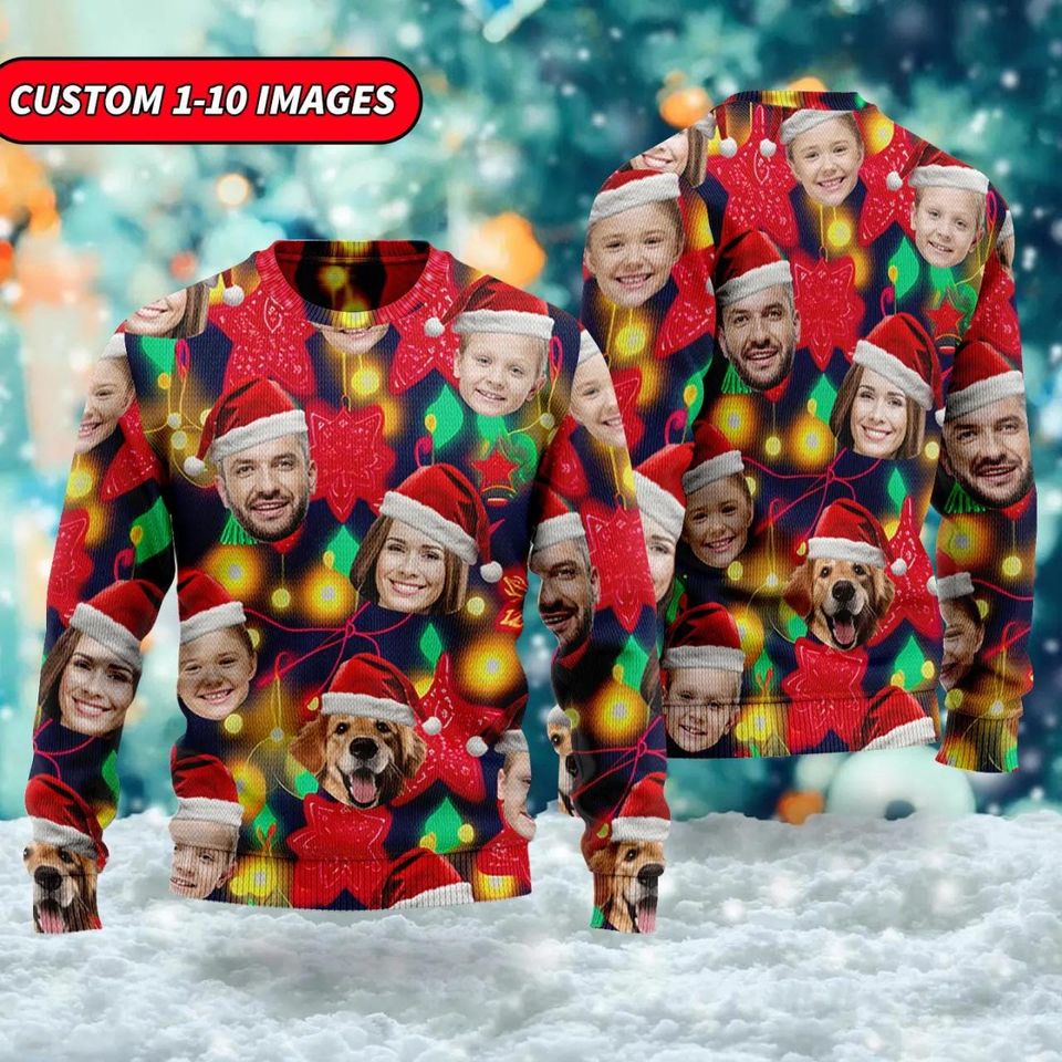 Personalized Christmas Light Ugly Sweater With Face Photo, Funny Custom Family Xmas
