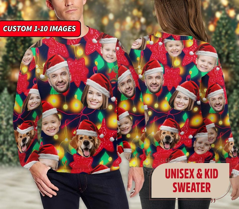 Personalized Christmas Light Ugly Sweater With Face Photo, Funny Custom Family Xmas - Image 3