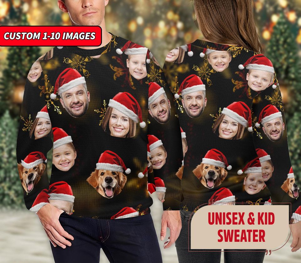 Personalized Christmas Ugly Sweater With Family Face Photo, Funny Custom Dog Cat Pet Xmas - Image 2