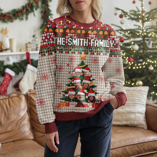 Personalized Christmas Ugly Sweater with Family Faces, Custom Family Name Sweater - Image 13