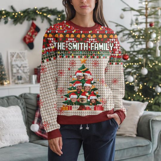 Personalized Christmas Ugly Sweater with Family Faces, Custom Family Name Sweater - Image 12