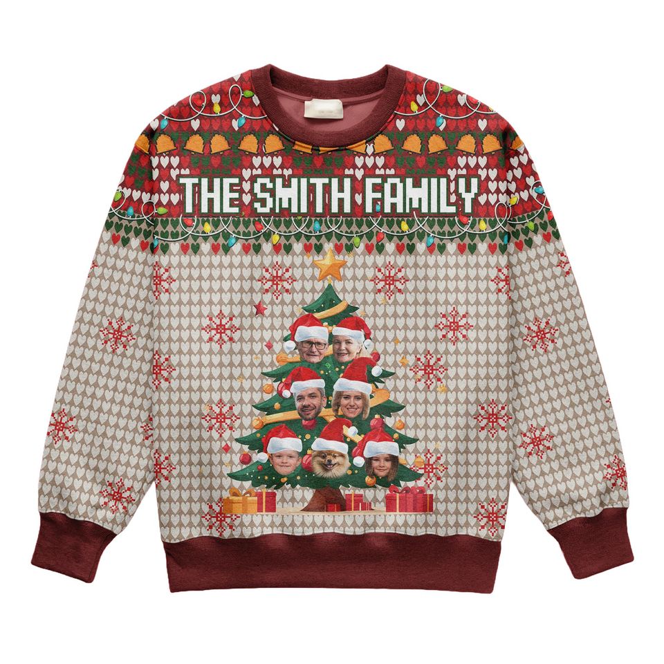 Personalized Christmas Ugly Sweater with Family Faces, Custom Family Name Sweater - Image 2