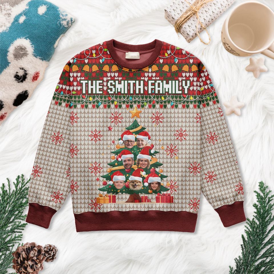 Personalized Christmas Ugly Sweater with Family Faces, Custom Family Name Sweater - Image 3