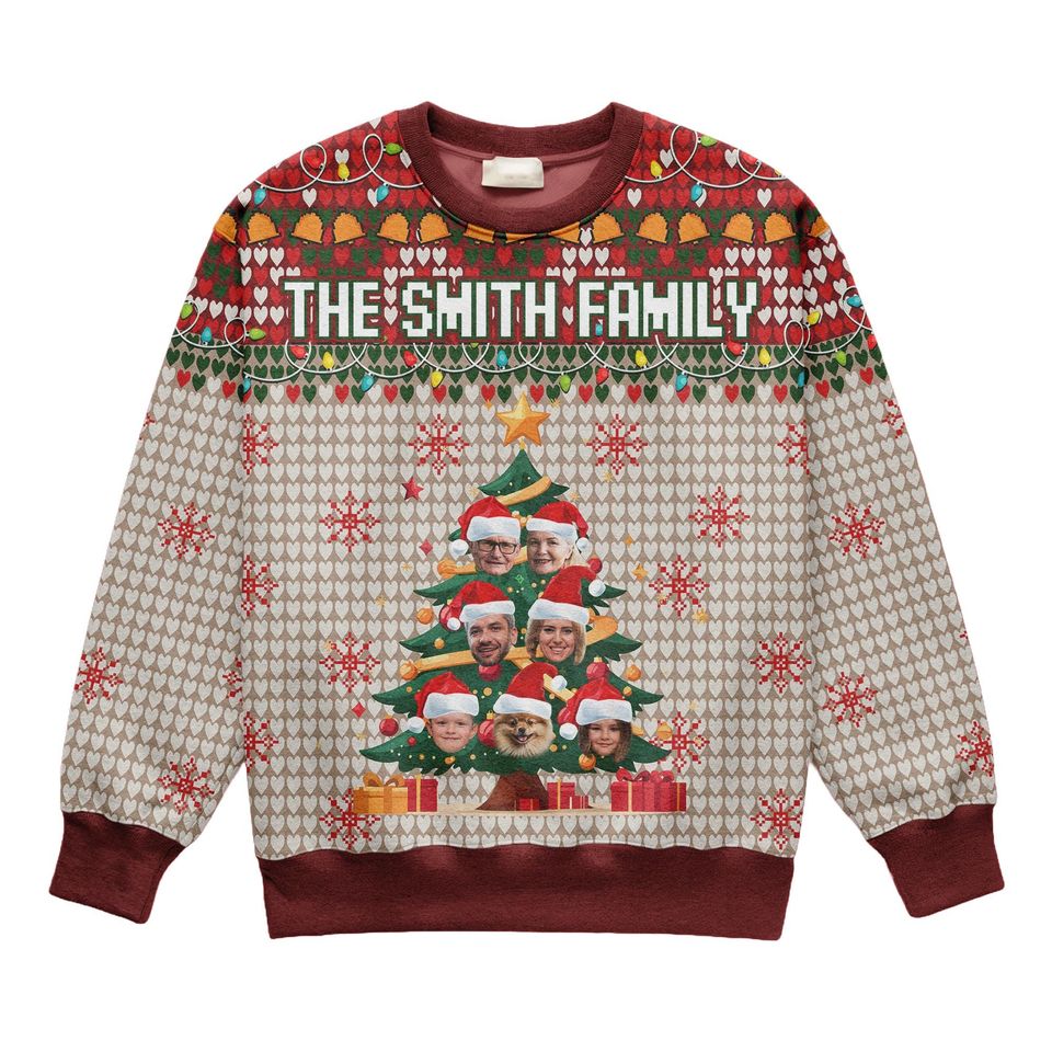 Personalized Christmas Ugly Sweater with Family Faces, Custom Family Name Sweater