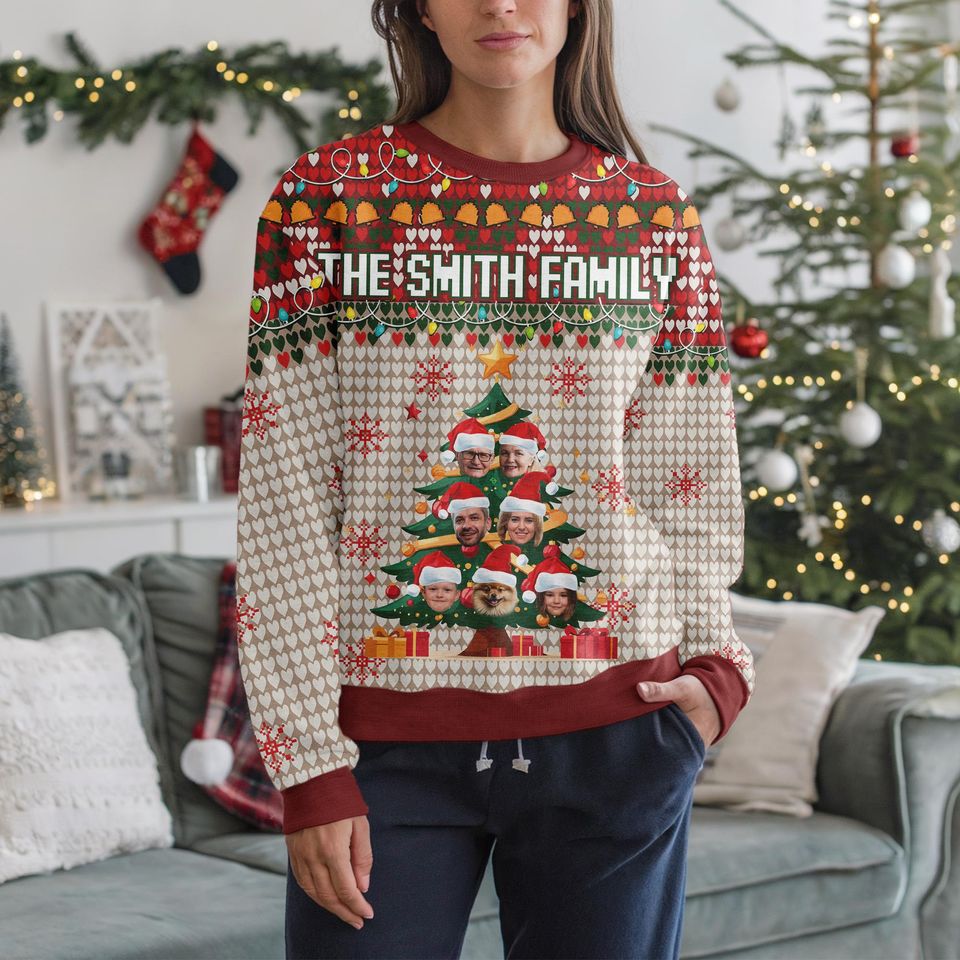Personalized Christmas Ugly Sweater with Family Faces, Custom Family Name Sweater - Image 4