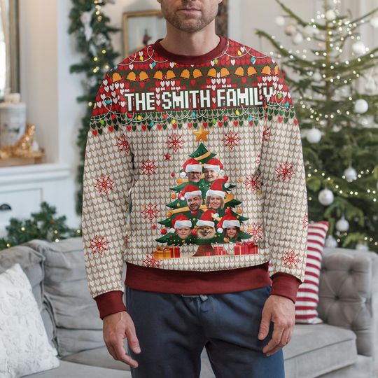 Personalized Christmas Ugly Sweater with Family Faces, Custom Family Name Sweater - Image 15