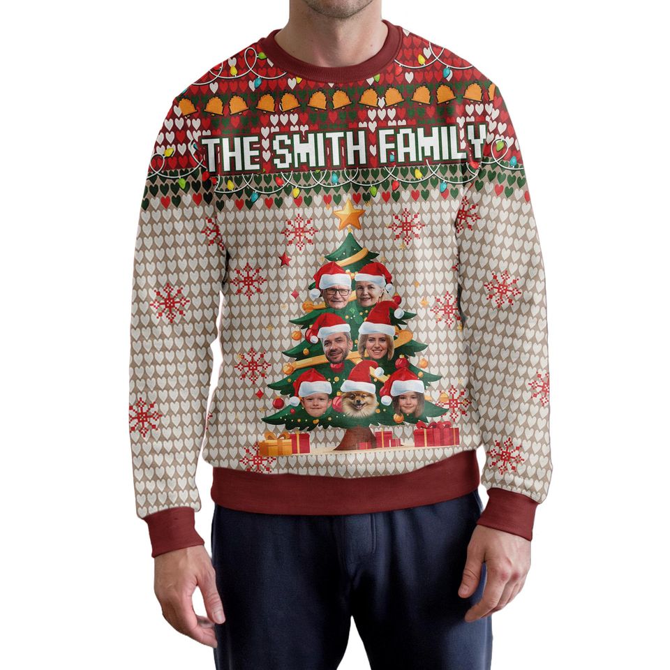 Personalized Christmas Ugly Sweater with Family Faces, Custom Family Name Sweater - Image 6