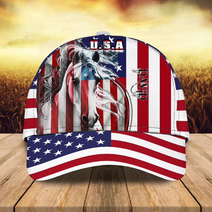 Personalized Colorful Horse 4th of July Classic Cap for Men, Women, Independence Day Horse Riding Hats Trucker Hats Custom Hats Gifts For Men & Women